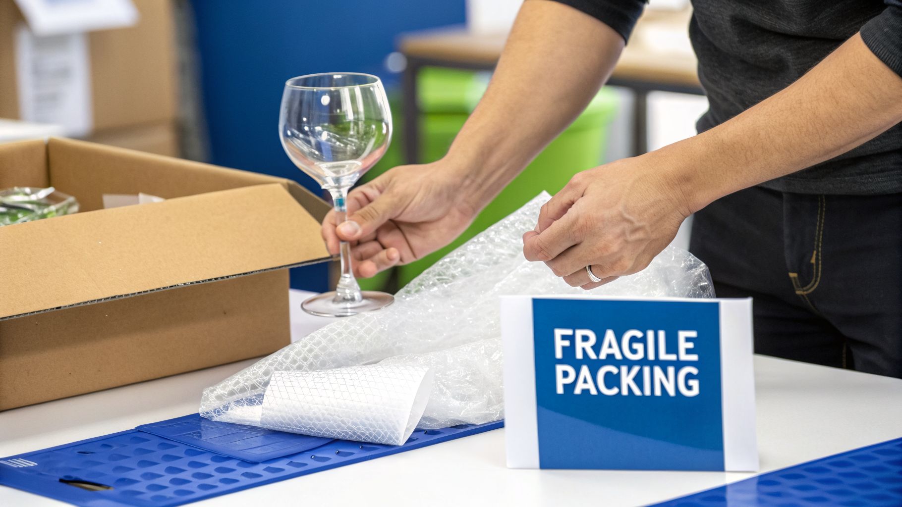 Hands carefully packing a fragile wine glass with bubble wrap and a foam sleeve into a cardboard box.