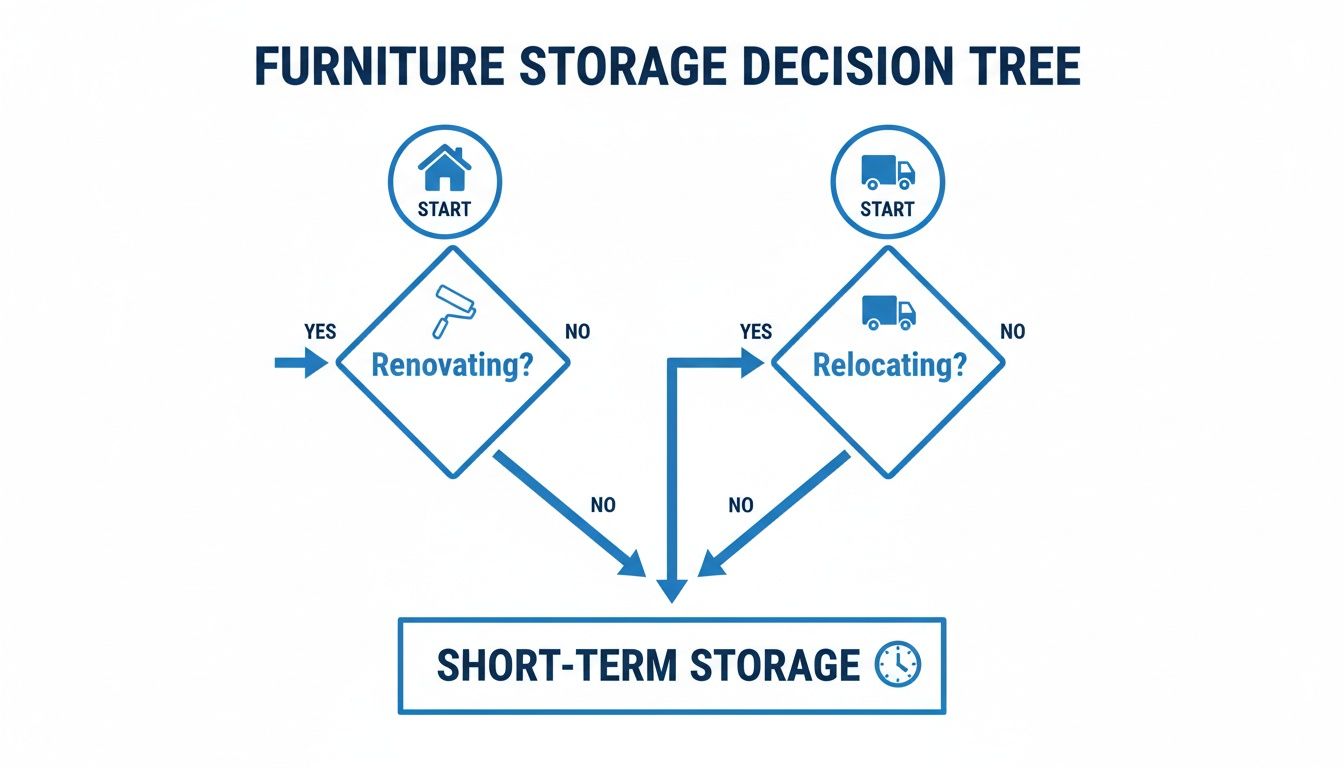 A furniture storage decision tree flowchart with options for renovating or relocating, leading to short-term storage.