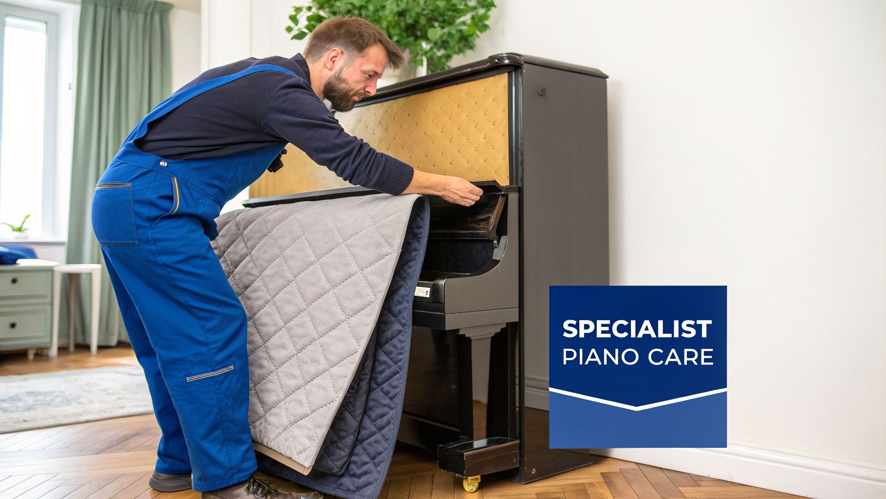 A professional piano mover gently covers a black upright piano with a protective blanket.