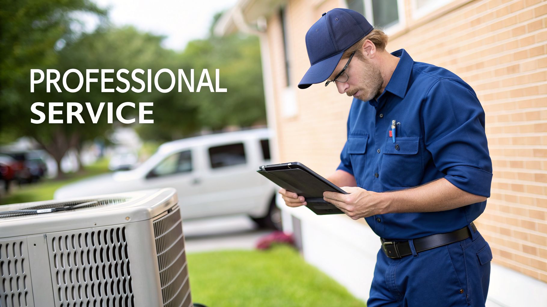 An AC repair technician in a blue uniform uses a tablet while servicing an outdoor HVAC unit.