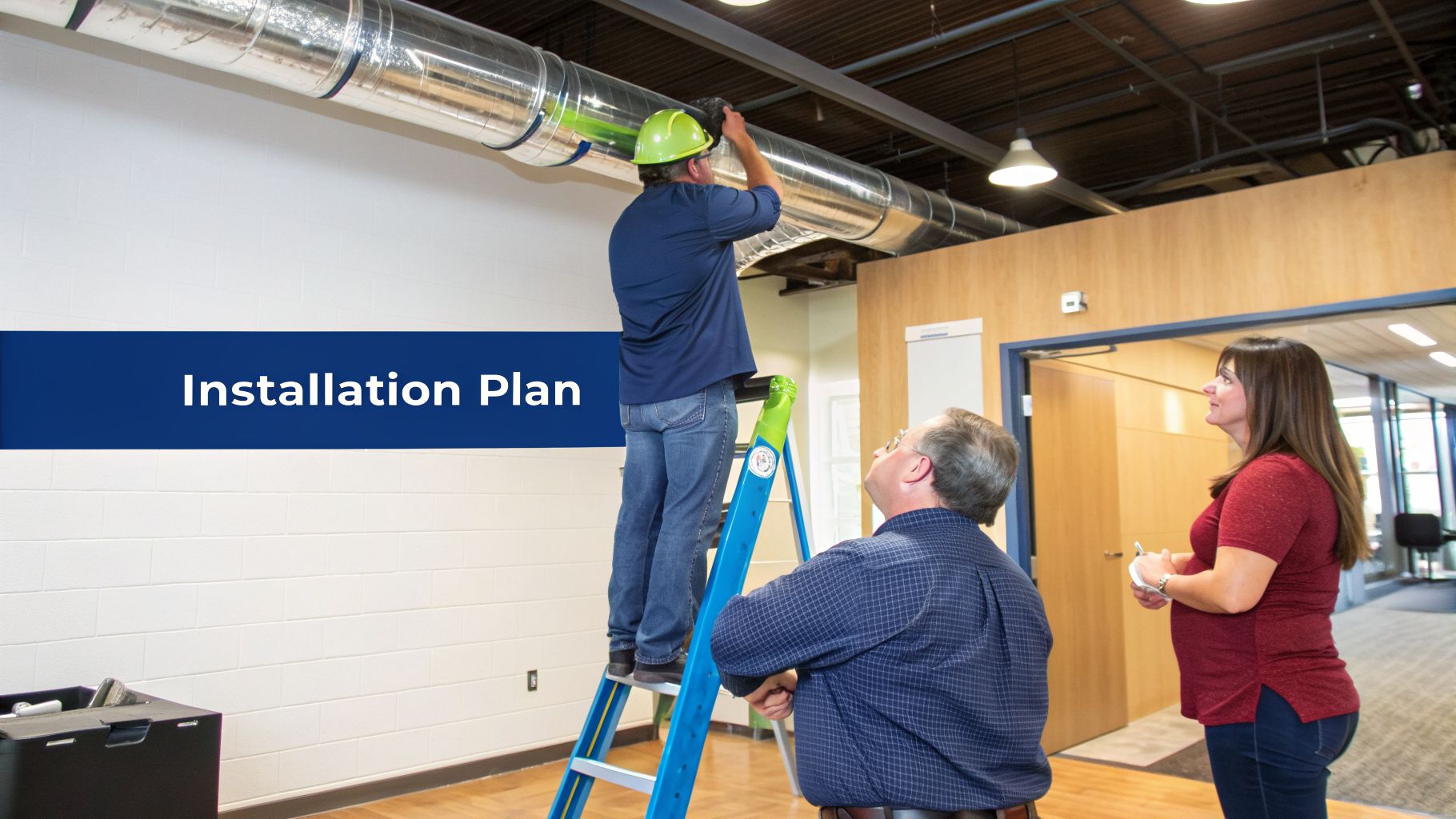 A technician on a ladder installs a duct system, observed by two colleagues, with 'Installation Plan' text.