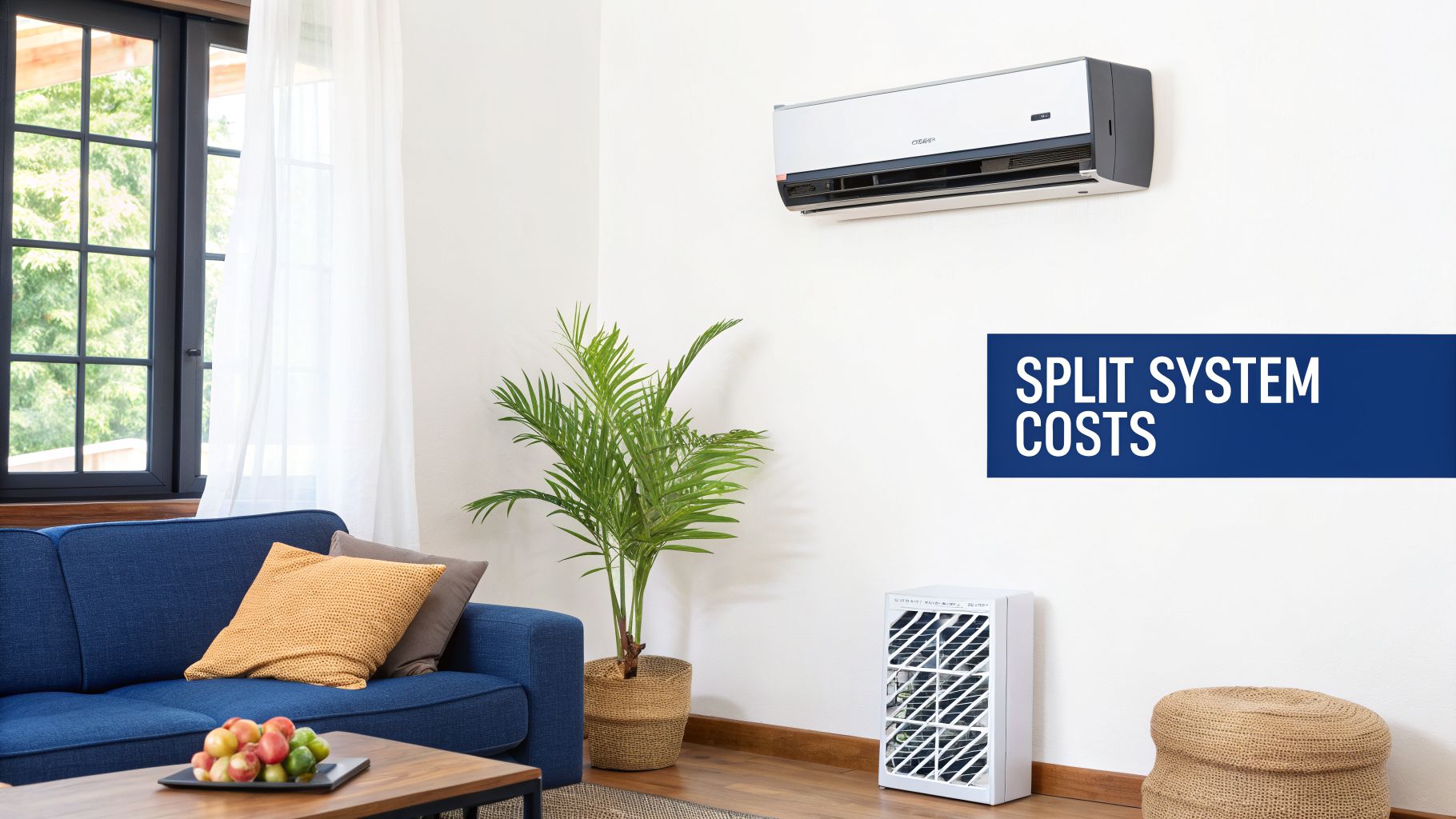 A modern living room with a blue sofa, a plant, and a wall-mounted split system air conditioner. Text reads 'SPLIT SYSTEM COSTS'.