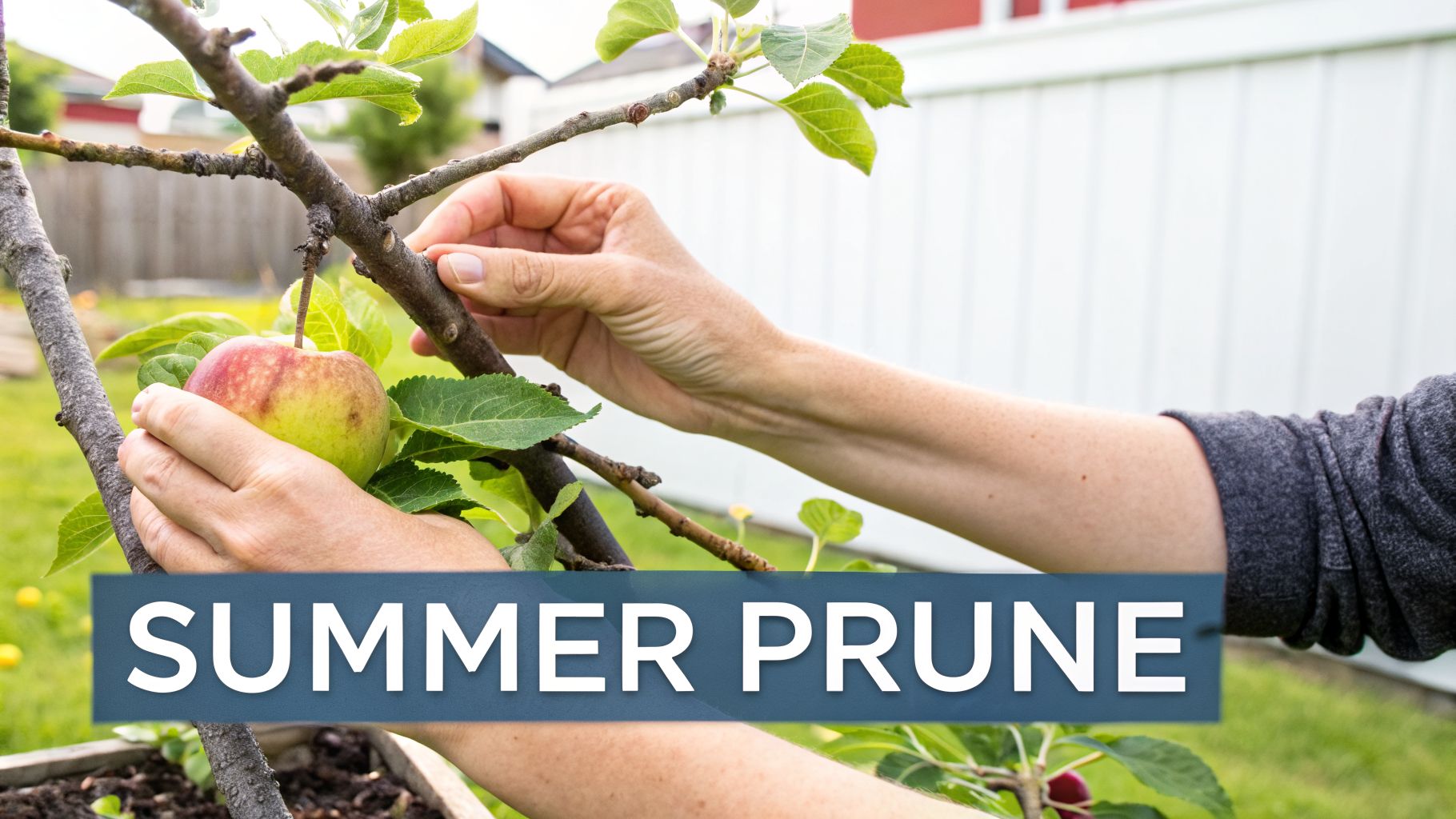Hands pruning an apple tree branch with a ripe apple, against a garden background.
