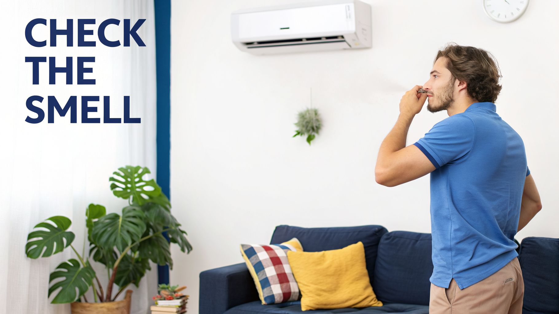 A man sniffs the air near an air conditioner, prompted by text saying 'Check the Smell'.