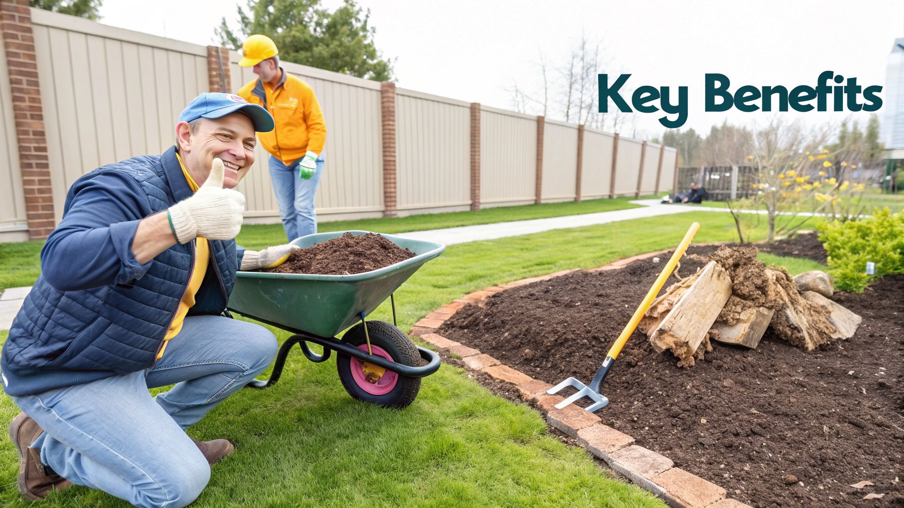 Two men happily gardening, one giving a thumbs-up next to a wheelbarrow of soil, preparing a garden bed.