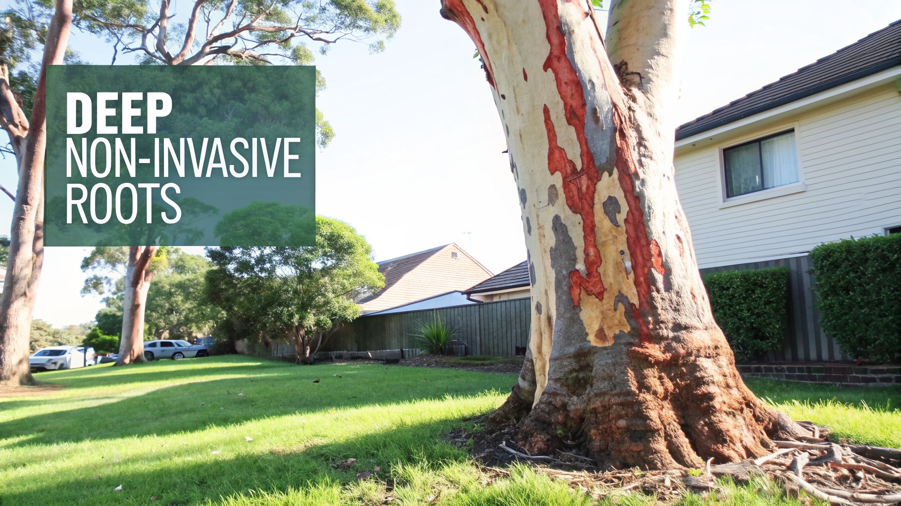 Australian native tree with visible roots, a house and lawn, featuring text 'DEEP NON-INVASIVE ROOTS'.