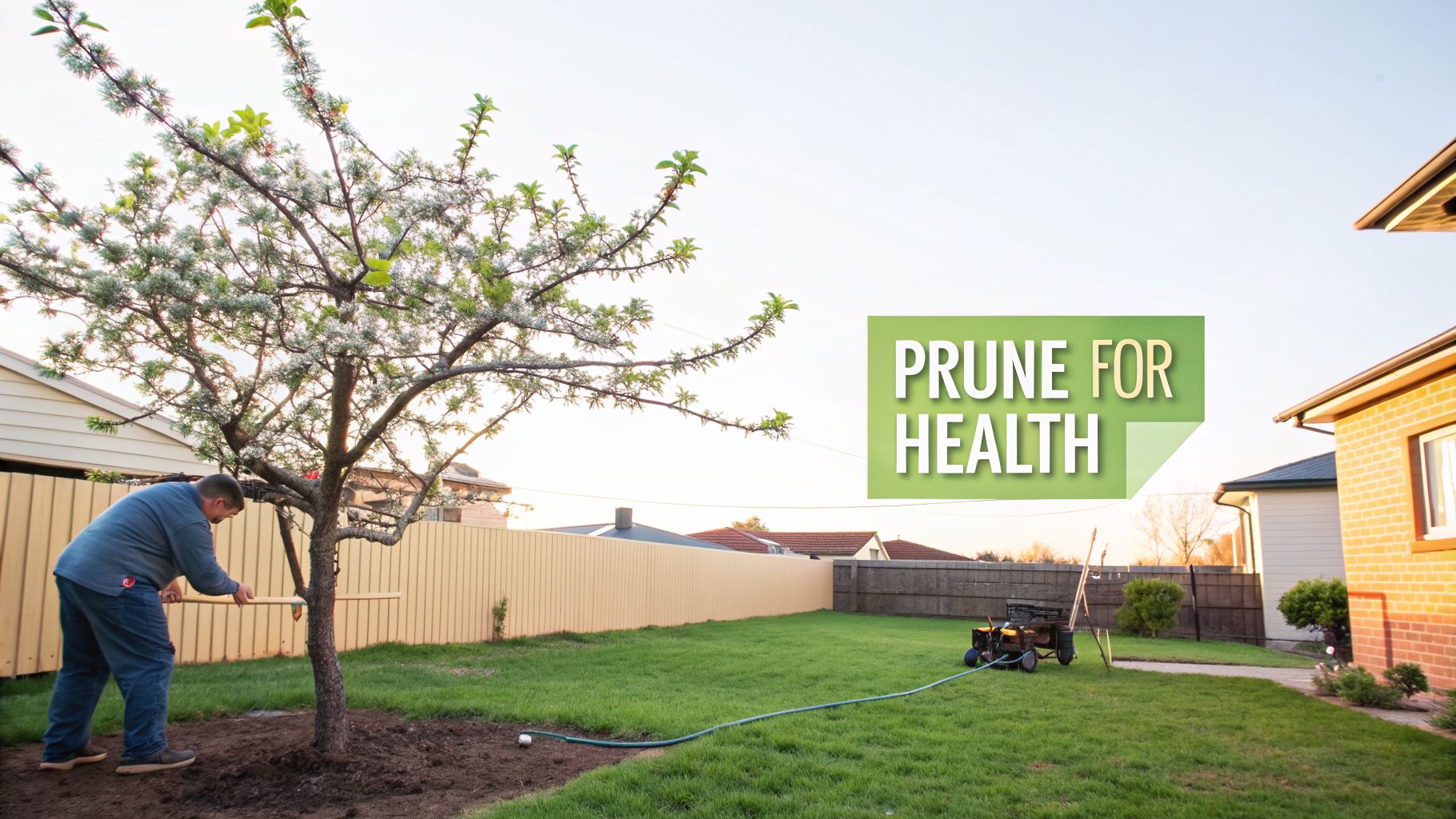 A man carefully tending to a young blossoming tree in a suburban backyard with a green lawn.