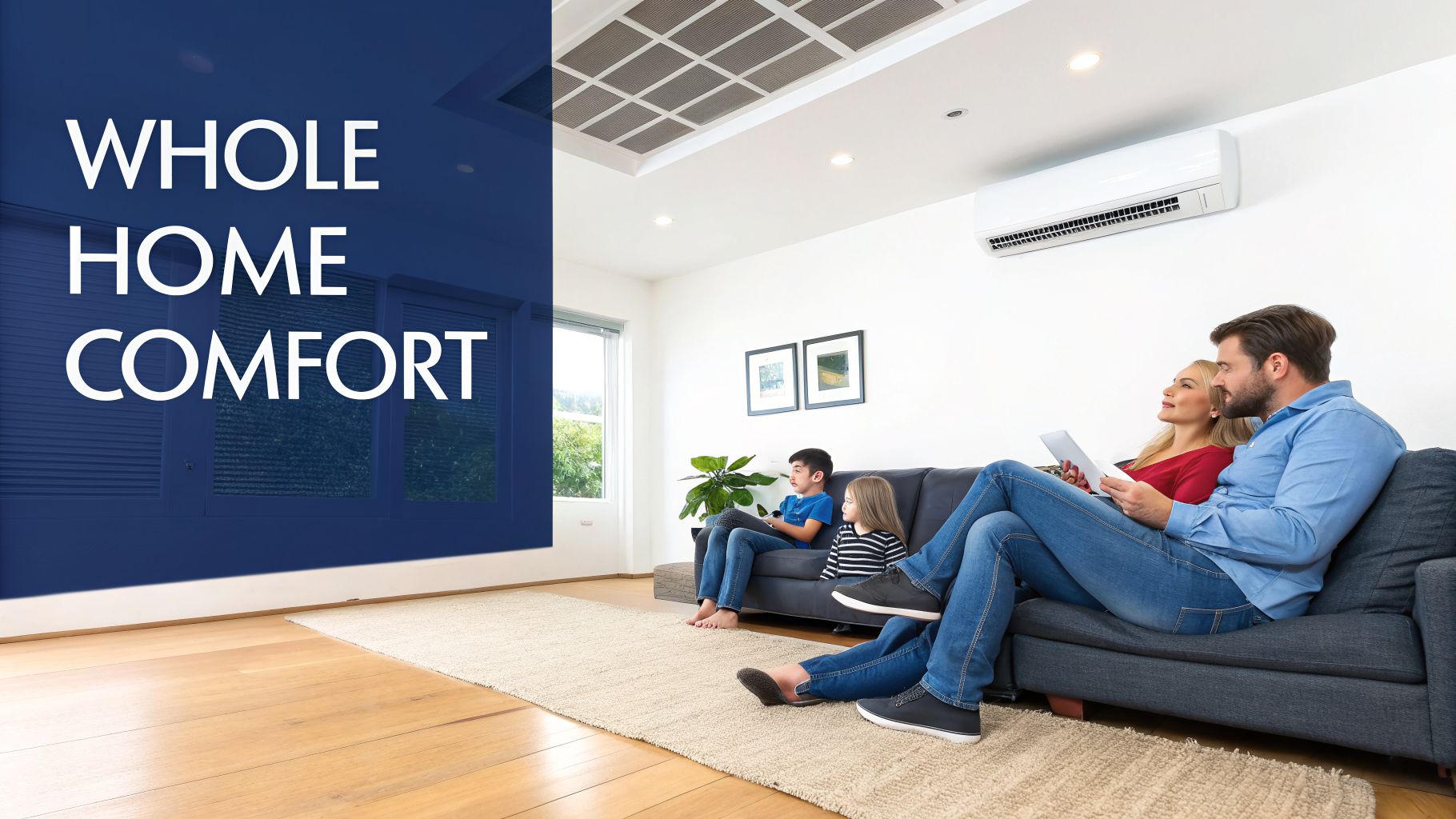 A family relaxes in a bright living room, enjoying whole home comfort with air conditioning.