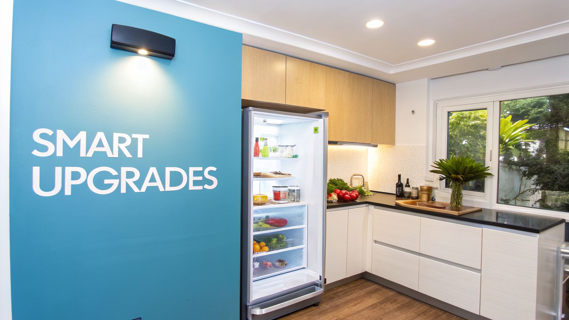 A modern kitchen featuring a blue wall with 'SMART UPGRADES' text and an open smart refrigerator.