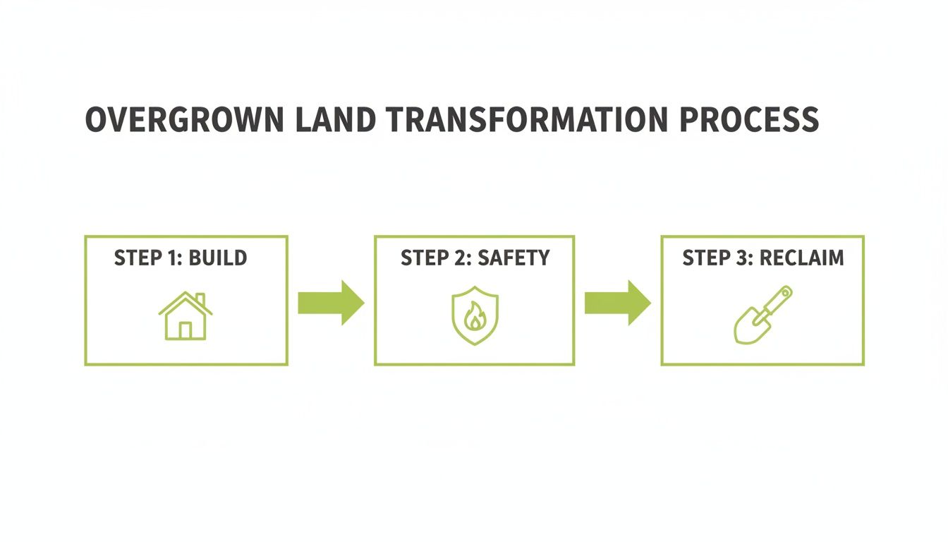 Diagram illustrating the overgrown land transformation process: build, safety, and reclaim steps with icons.