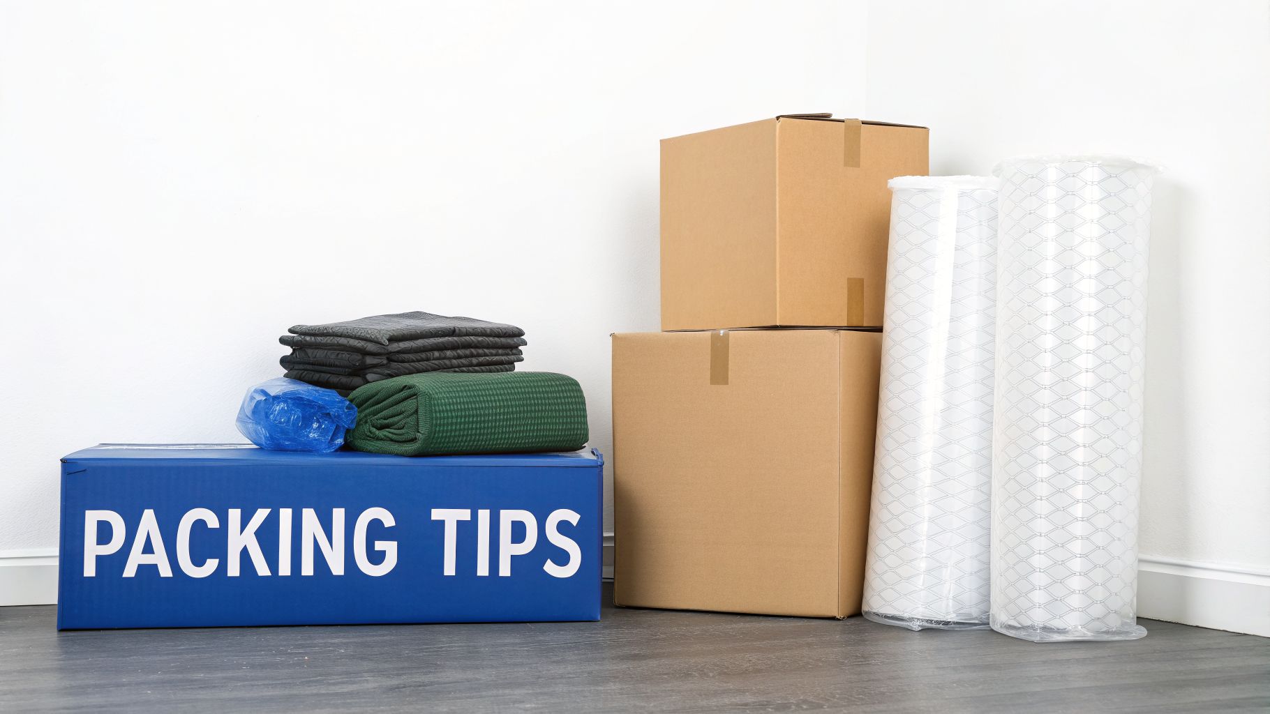 Moving supplies including cardboard boxes, packing blankets, bubble wrap, and a blue box labeled 'PACKING TIPS'.