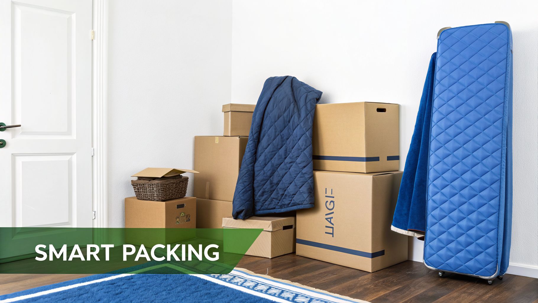 A room with stacked cardboard moving boxes, a blue quilted blanket, and a folded blue mattress, ready for smart packing.