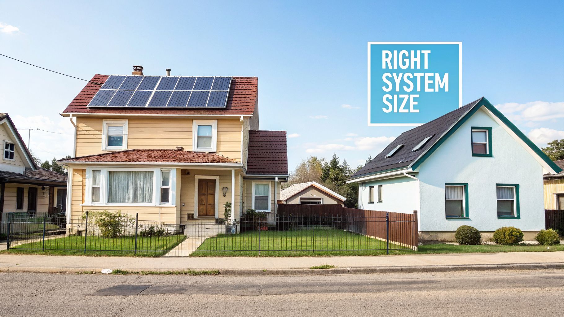 Two houses on a street, one with solar panels on its roof, under a blue sky, with a text box 'RIGHT SYSTEM SIZE'.