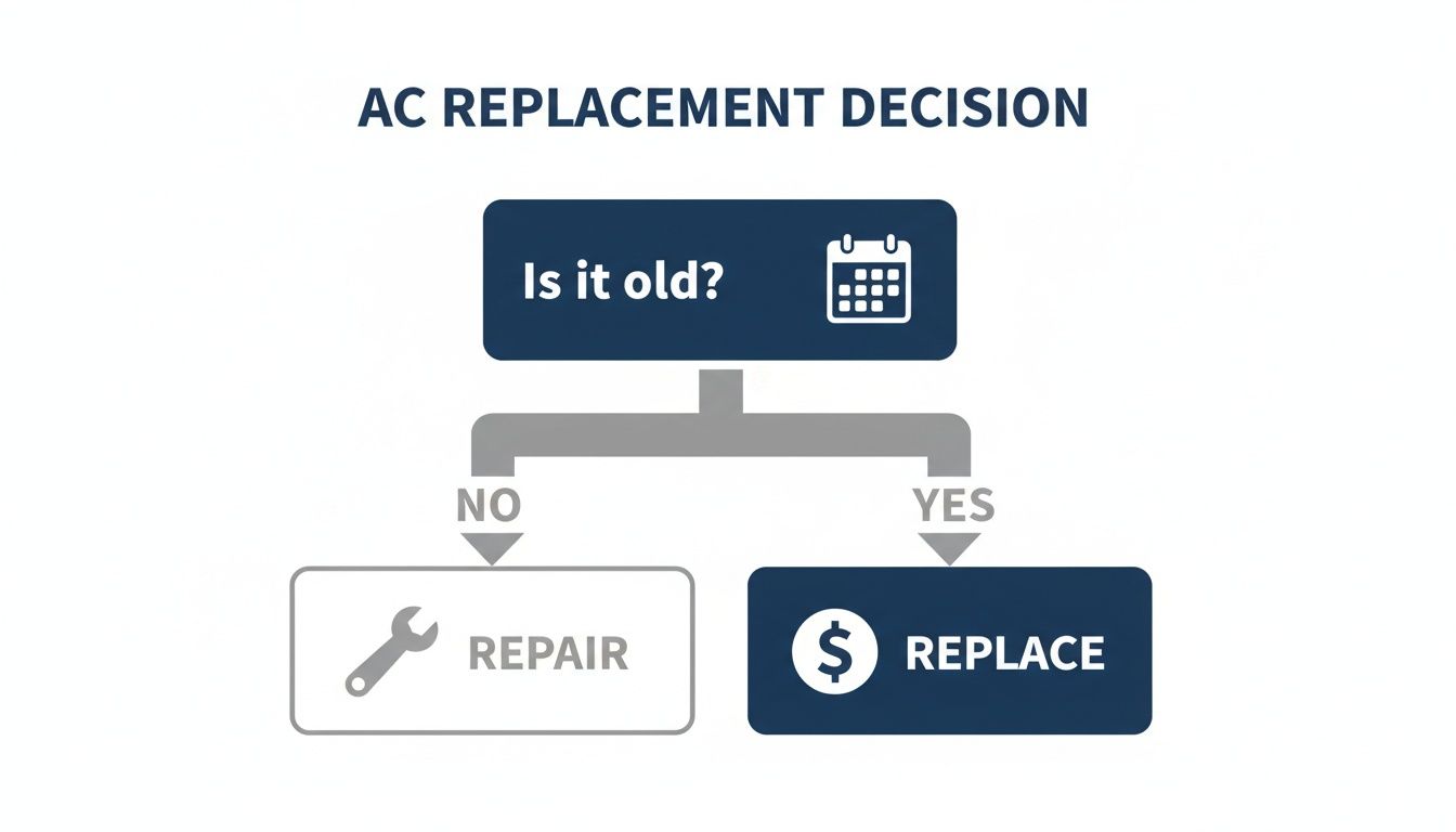 Decision flowchart for AC systems: repair if not old, replace if old.