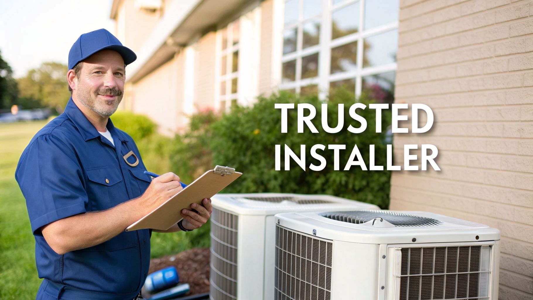 A smiling HVAC technician in a blue uniform with a clipboard next to two outdoor AC units.