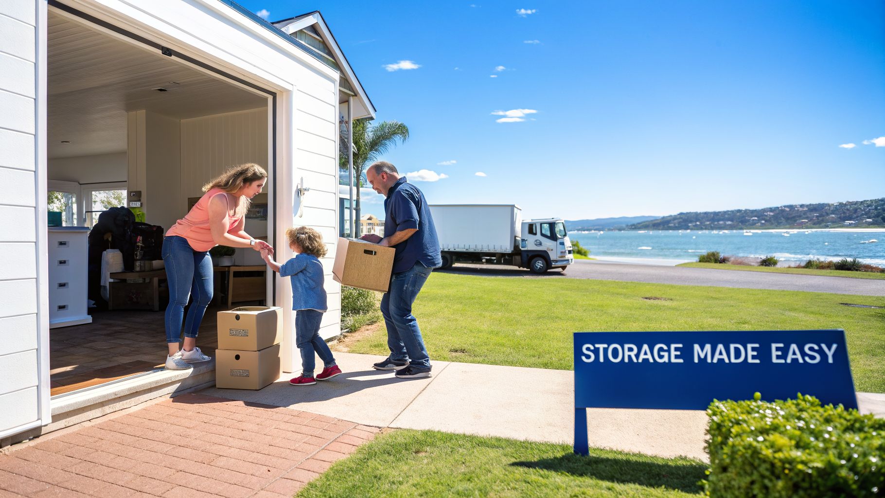 Family moving cardboard boxes out of a house, with a moving truck and a "STORAGE MADE EASY" sign.