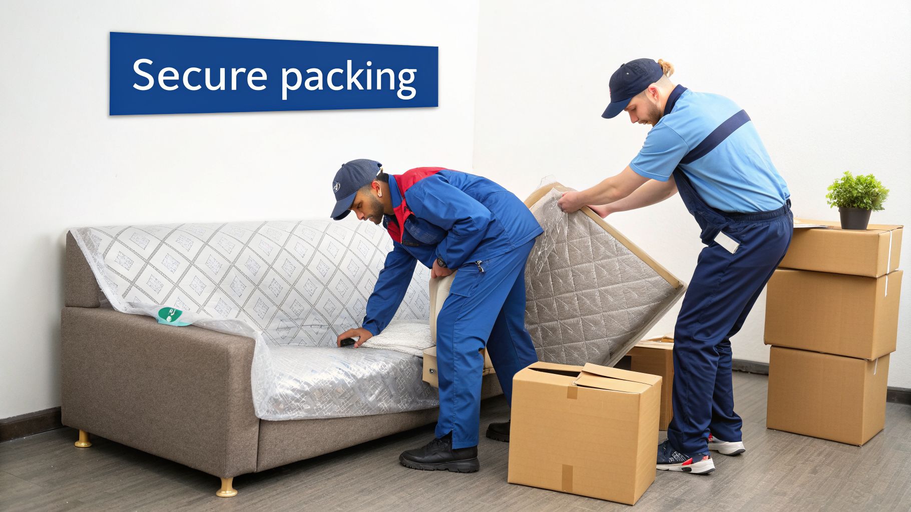 Two professional movers are carefully packing a sofa and other furniture items with protective wrapping and boxes.
