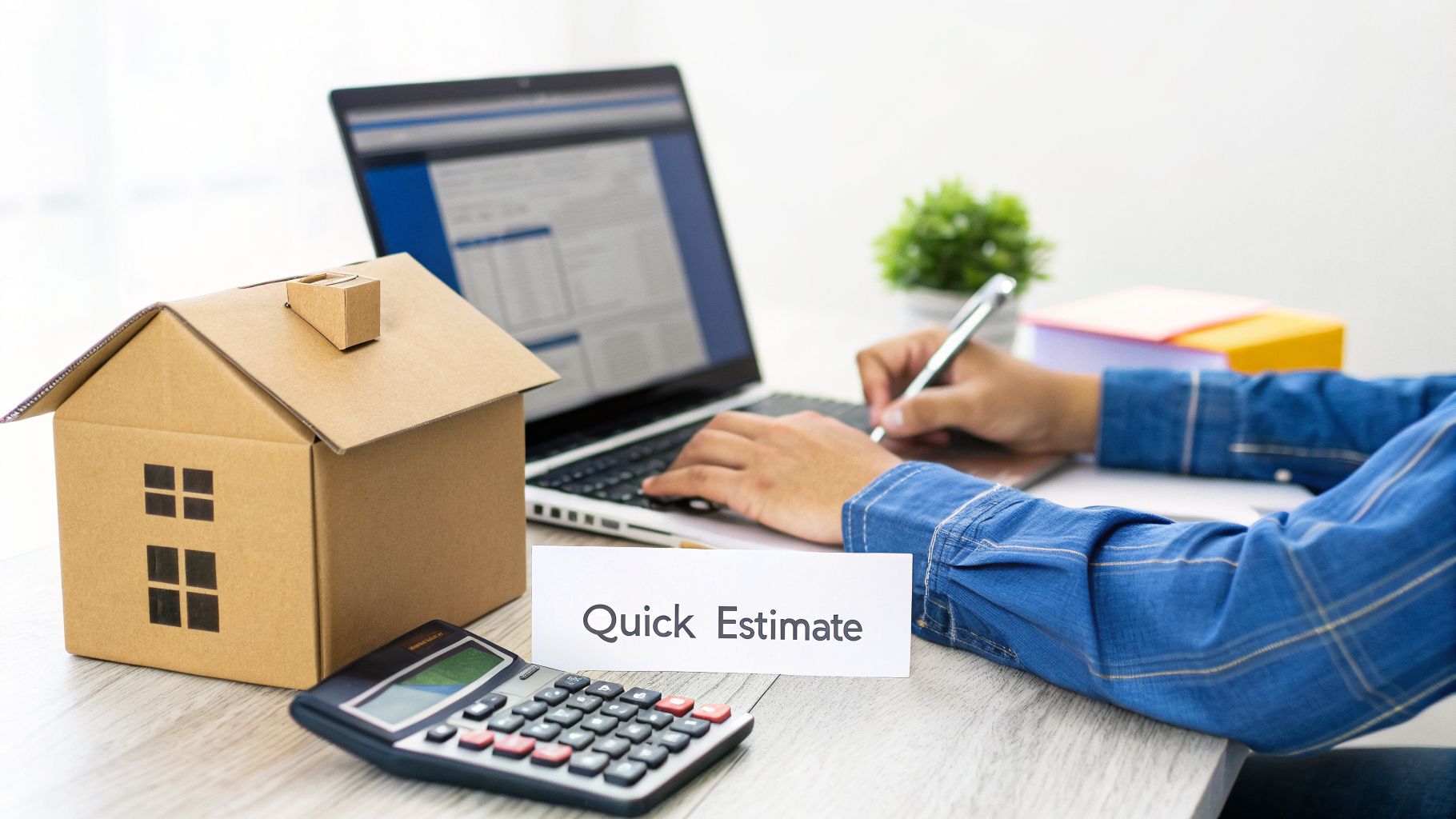 A person calculates moving rates using a laptop, calculator, and a cardboard house model.