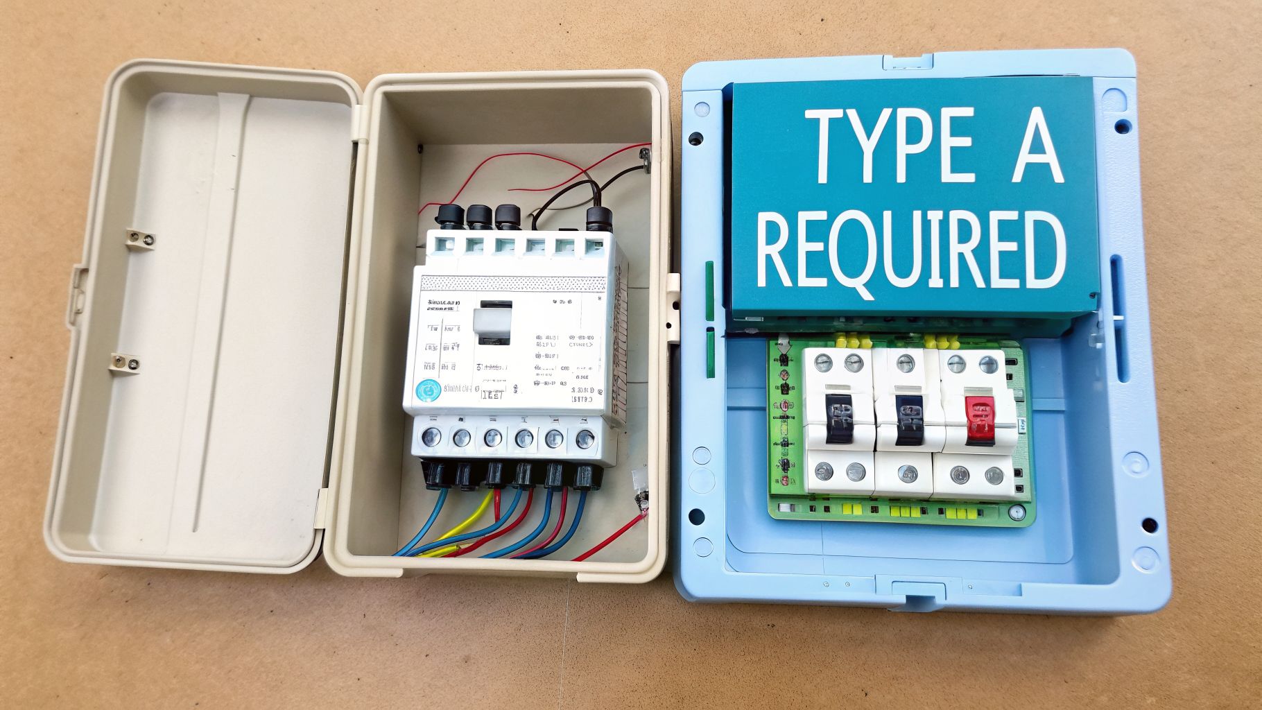 Two open electrical distribution boxes, one with an energy meter and the other with circuit breakers and a 'TYPE A REQUIRED' label.