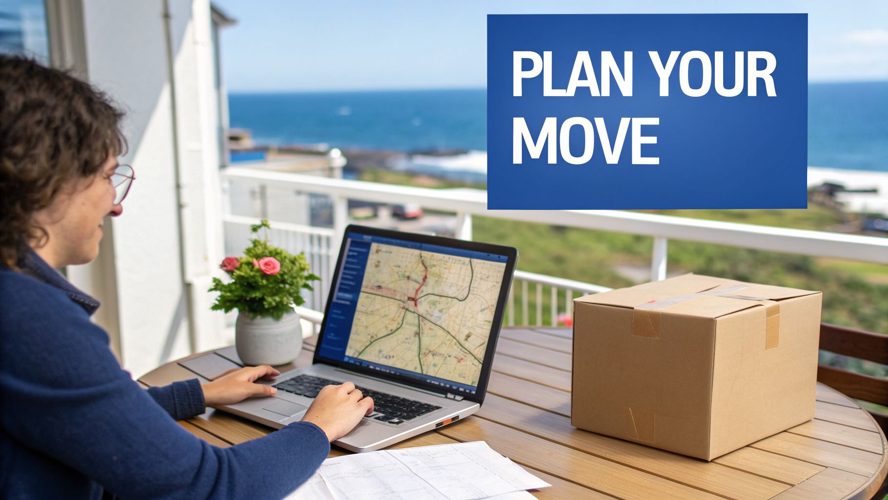 Person plans a move on a laptop, with a map, moving box, and ocean view from a balcony.