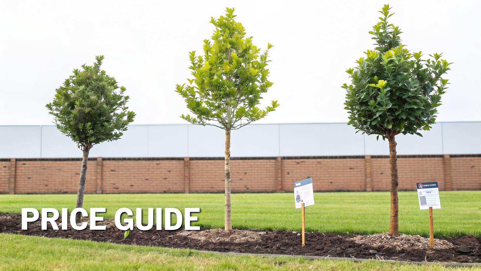 Three distinct young trees with price guide signs, planted in a garden for display.