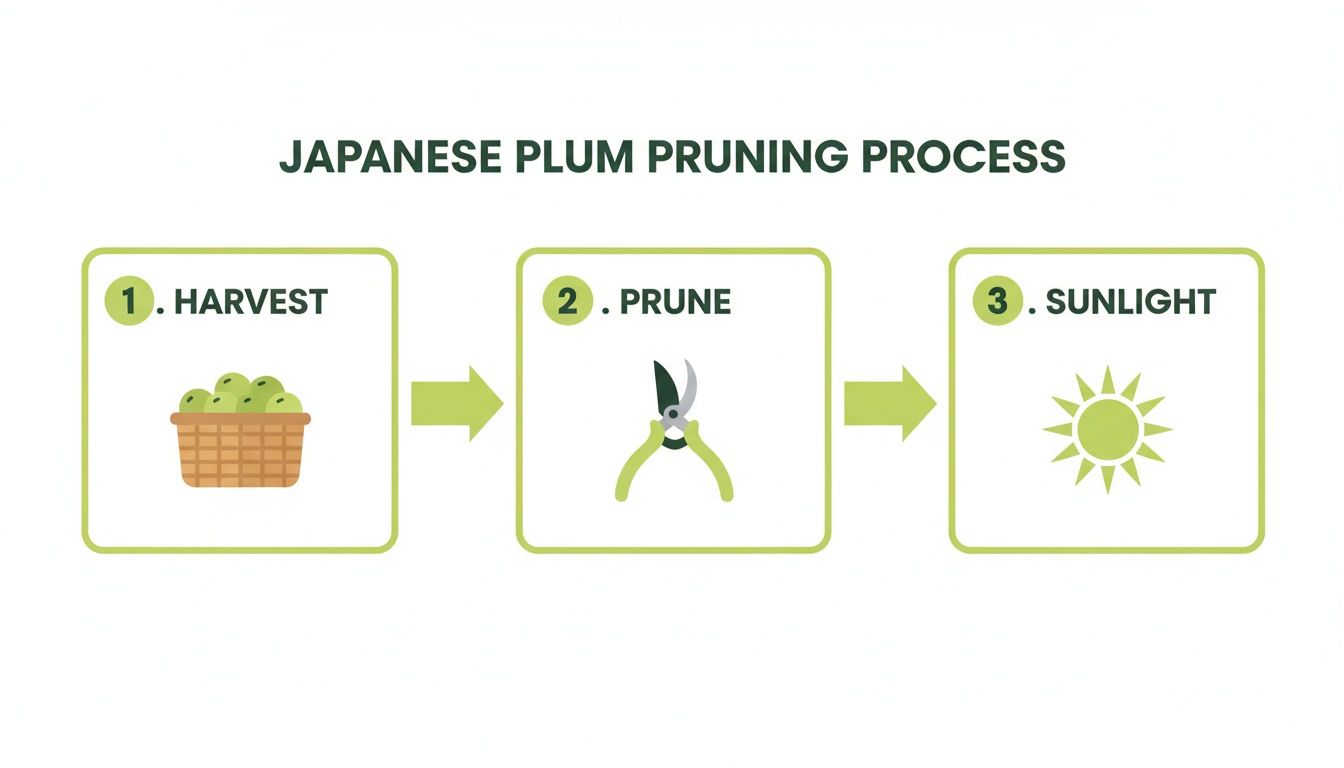 Infographic showing the three steps of Japanese plum pruning: harvest, prune, and sunlight.