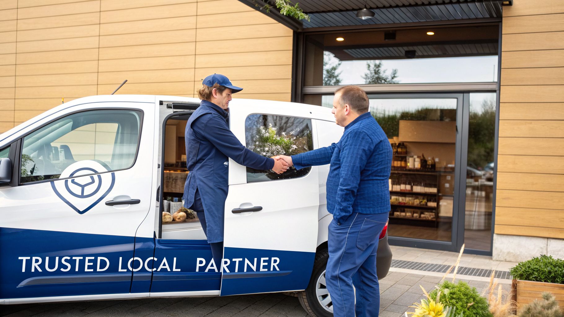 Two men in blue work uniforms shake hands next to a white and blue service van.