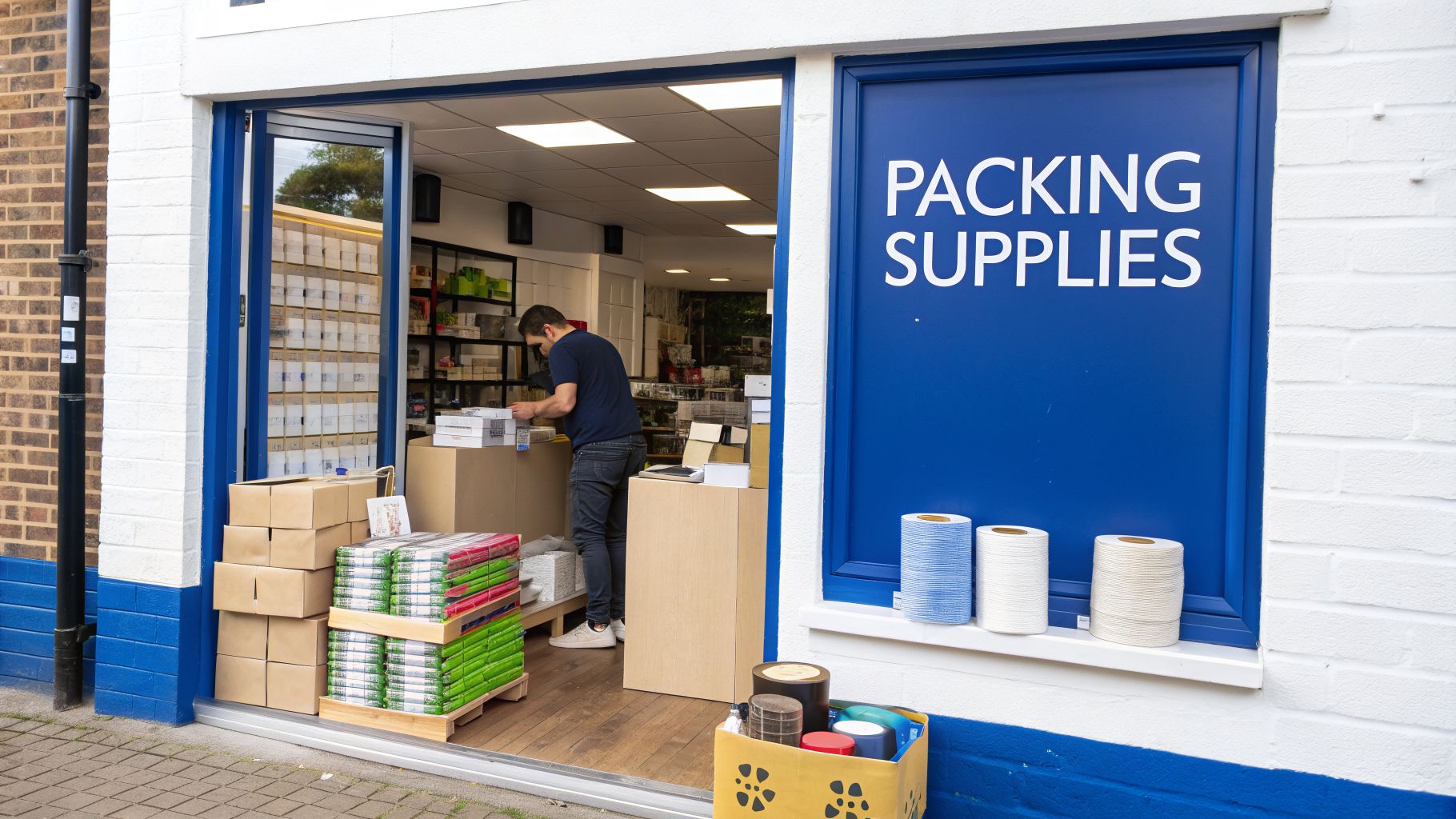 Storefront of a packing supplies shop with a man working inside and various materials outside.