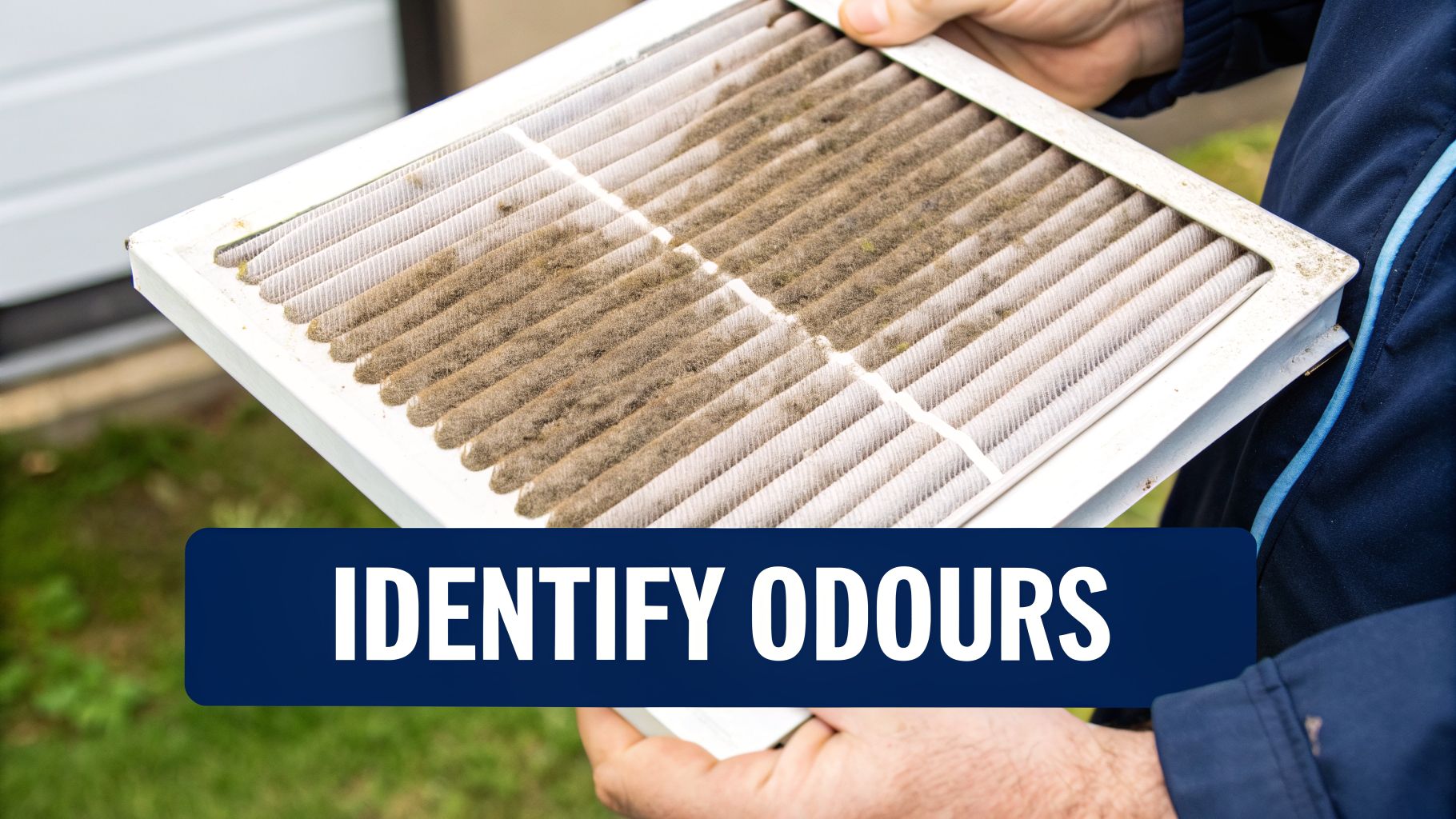 A person holds up a very dirty, dust-laden HVAC air filter, highlighting the need for replacement.