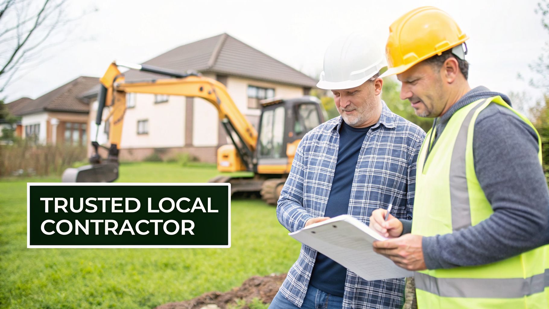 Two contractors in hard hats discuss plans at an excavation site with an excavator and a house.