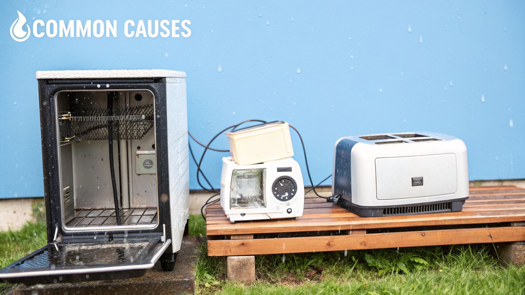 Household electrical appliances, including an oven, mixer, and toaster, left outdoors in the rain.