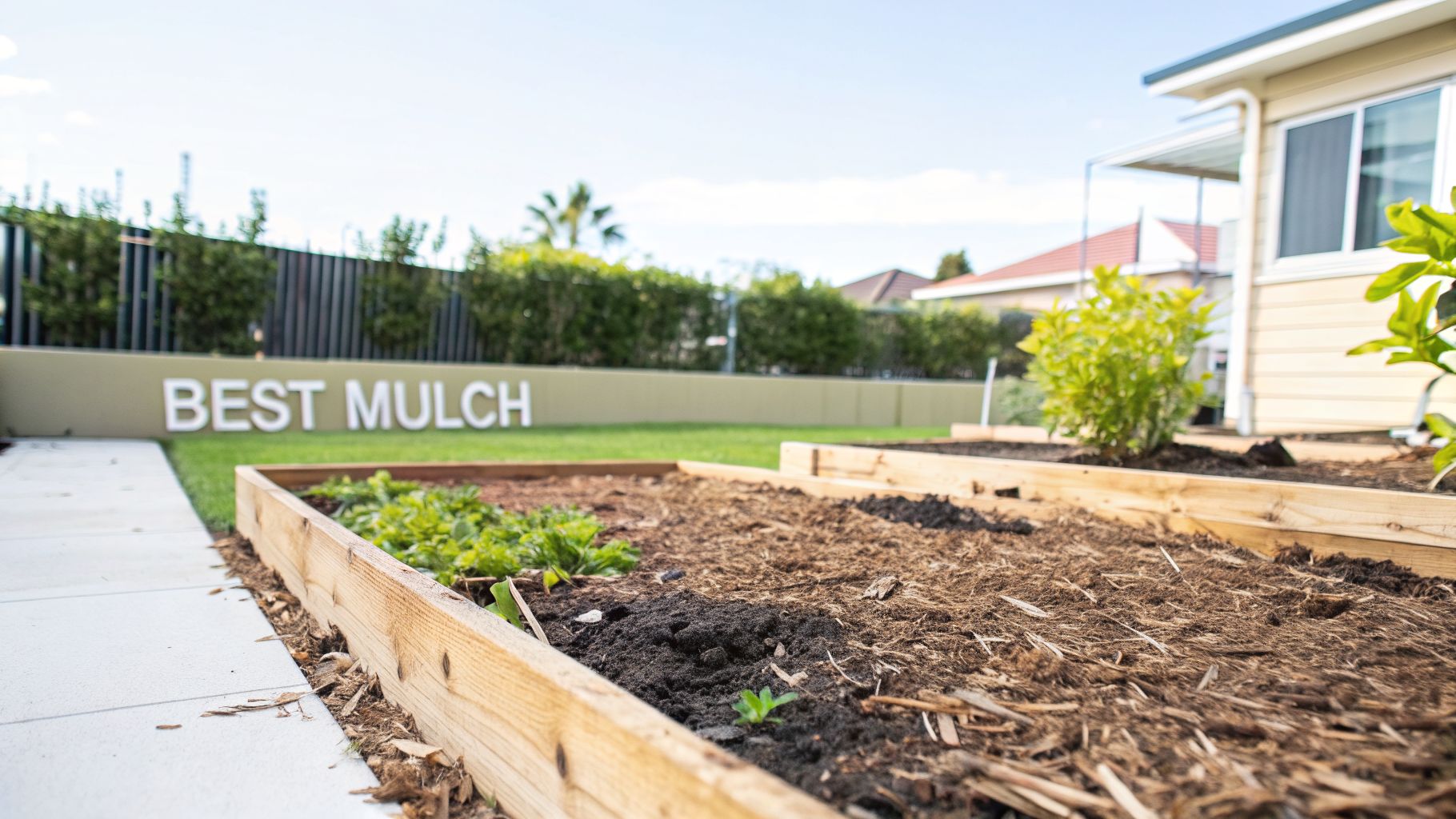 Raised garden beds with soil and small plants in a sunny backyard, featuring a 'BEST MULCH' sign.