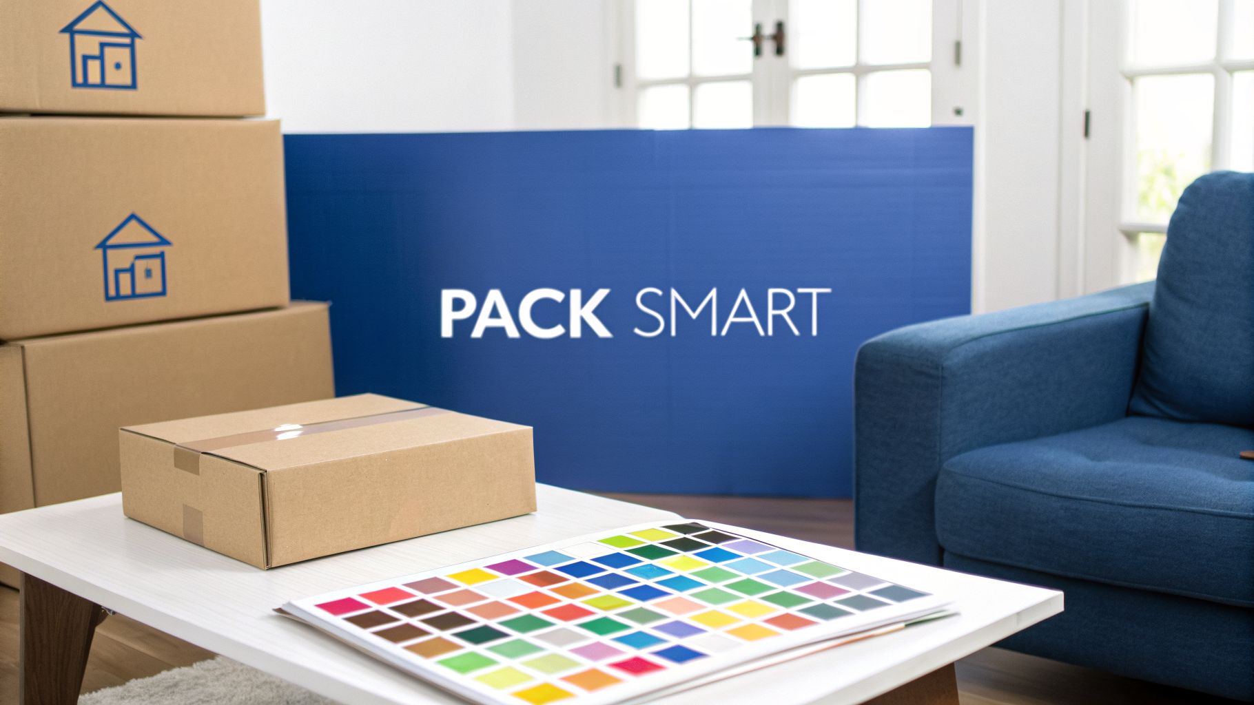 Brown moving boxes, a "PACK SMART" sign, and a color palette on a table, illustrating a home moving process.