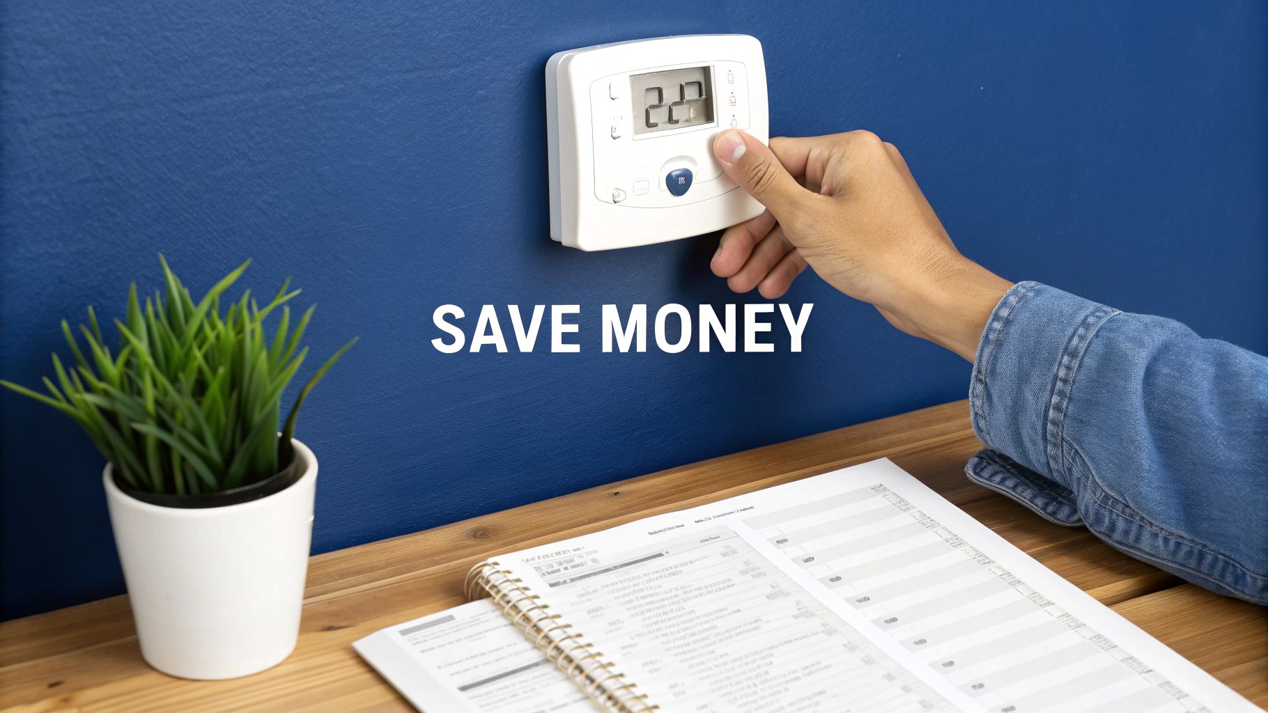 A hand adjusts a white digital thermostat on a blue wall with 'SAVE MONEY' text.