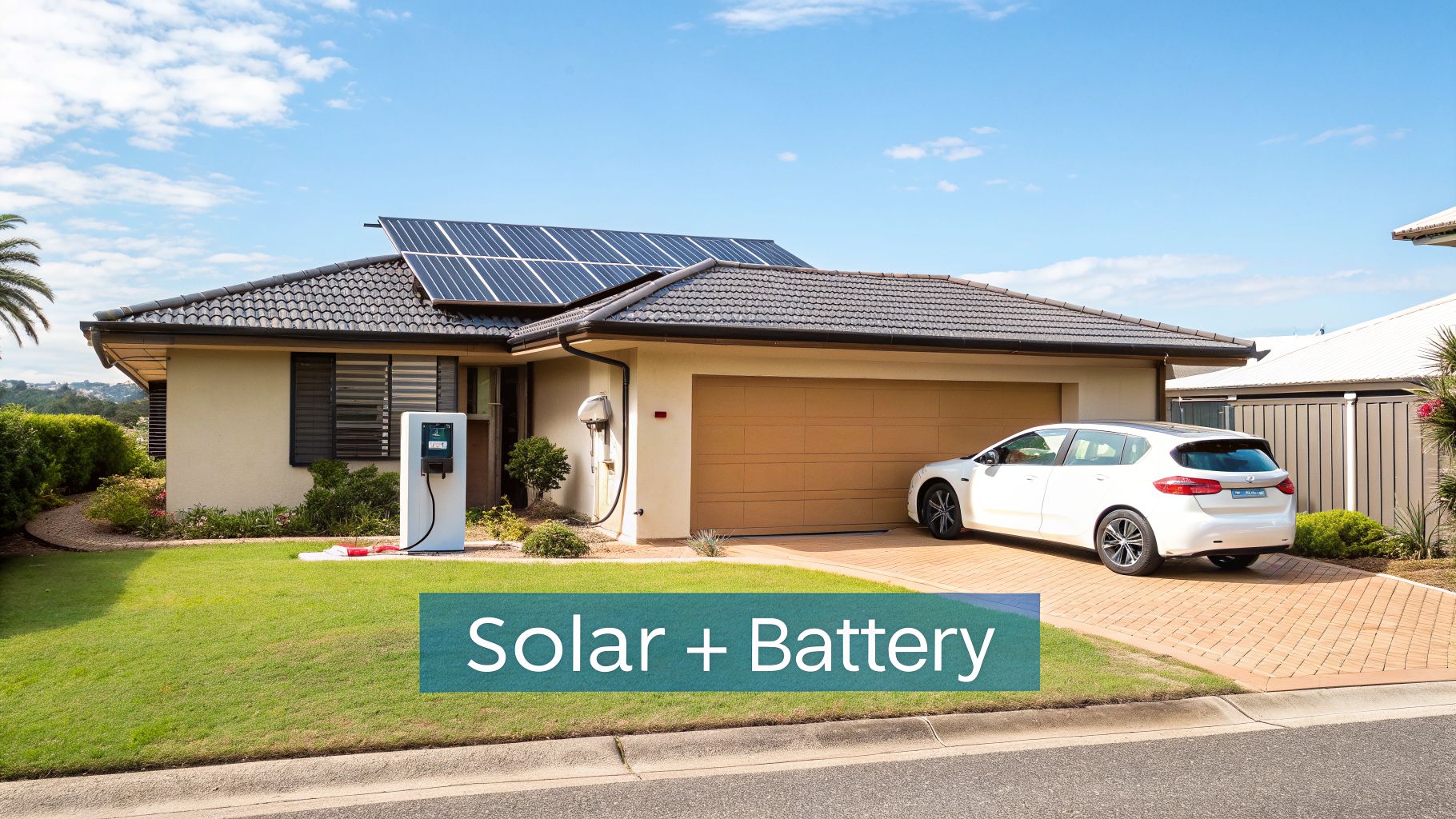 A modern home with rooftop solar panels, an EV charging station, and a white car in the driveway.