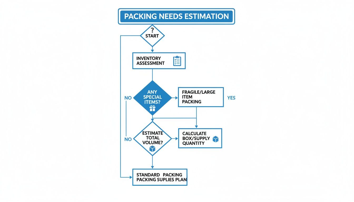 Flowchart illustrating the process for estimating packing needs, from inventory assessment to supply calculation.