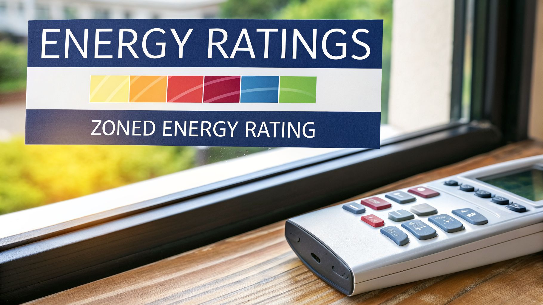 A sign displaying 'ENERGY RATINGS' and a colorful energy efficiency bar, with a calculator nearby.