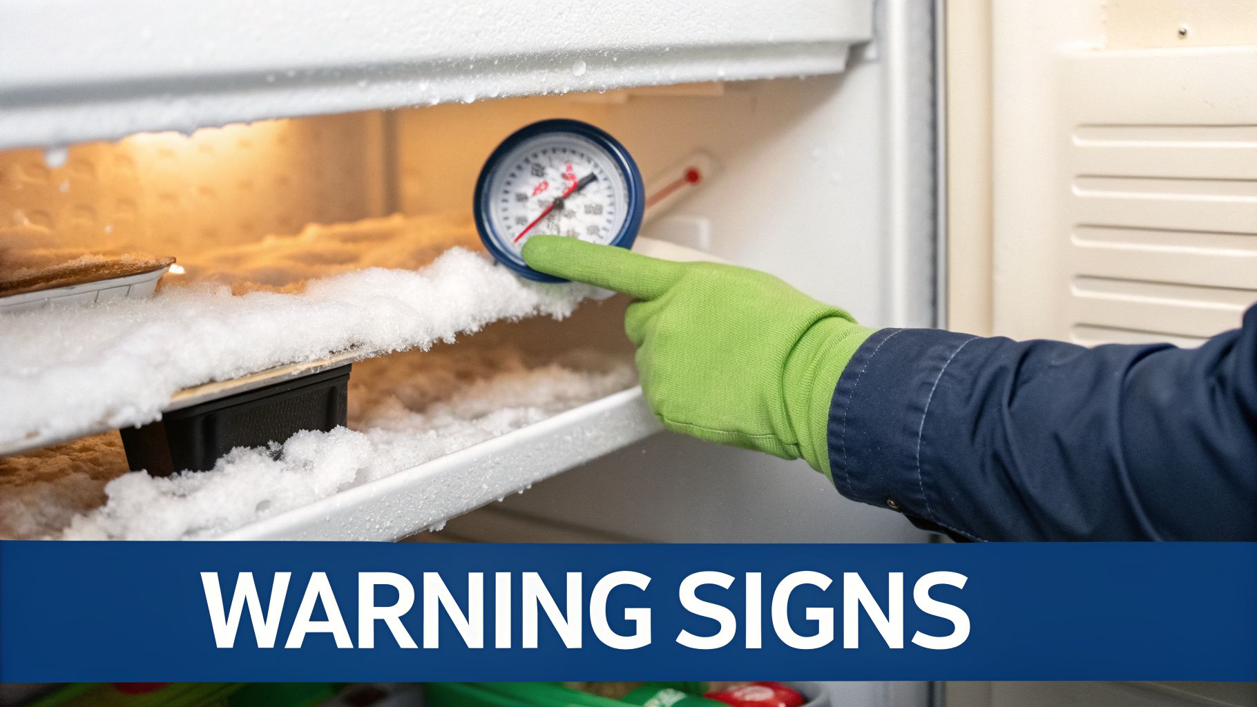 A gloved hand points to a thermometer inside a heavily frosted freezer, indicating a problem.