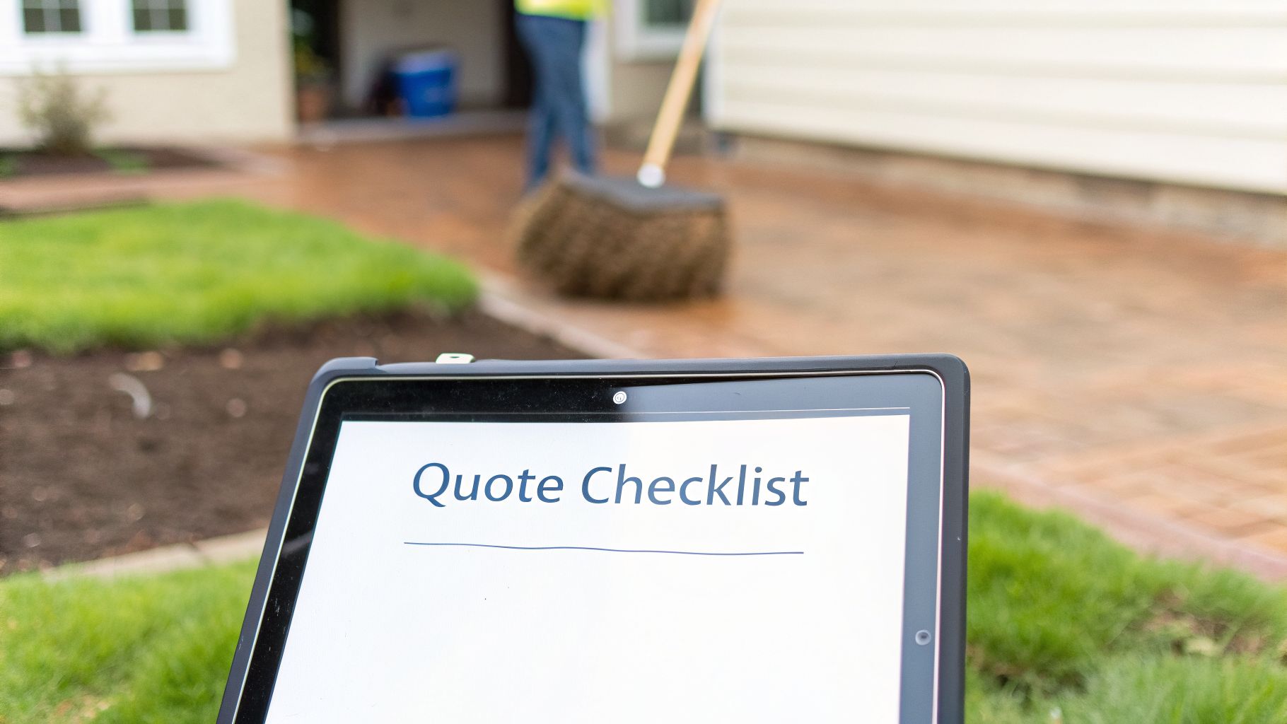 A close-up of a tablet screen displaying 'Quote Checklist' with a blurred person sweeping outdoors in the background.