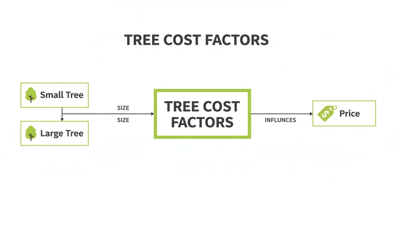 Diagram illustrating how small and large tree sizes contribute to tree cost factors, influencing the final price.
