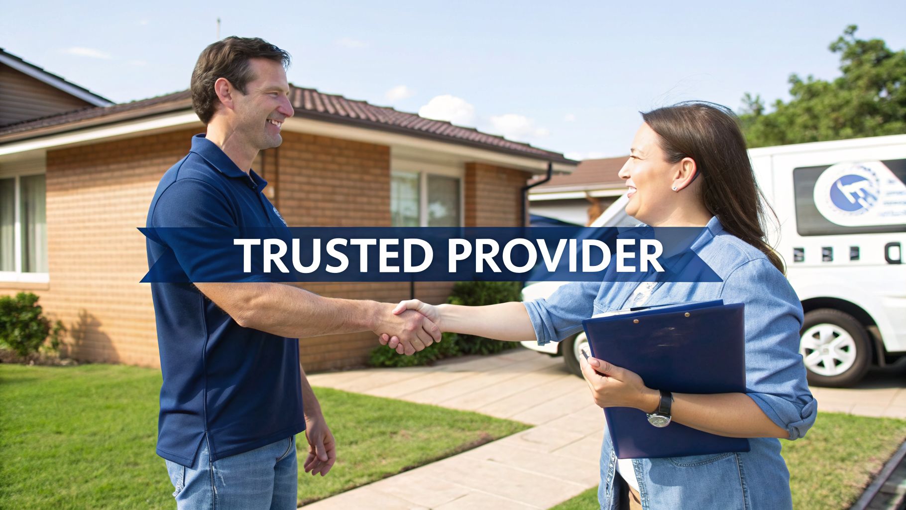 A service professional shakes hands with a customer outside a house, with a banner reading 'TRUSTED PROVIDER'.