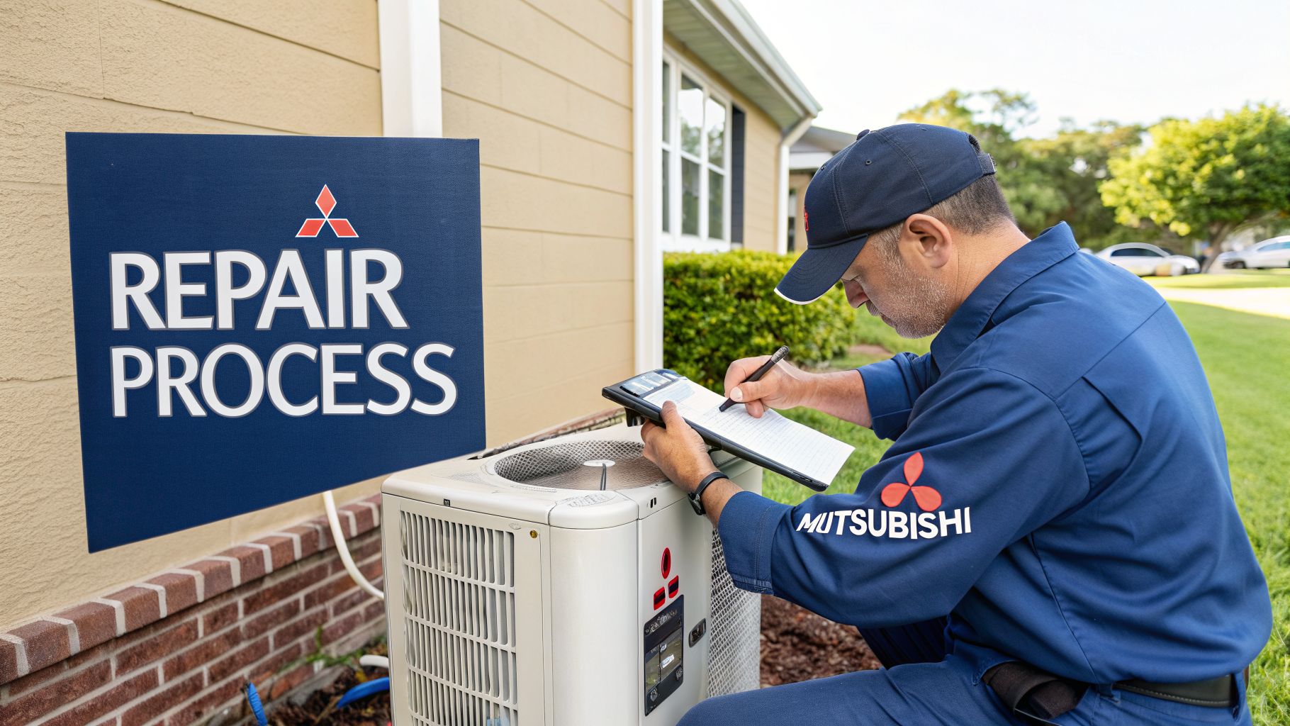 A Mitsubishi technician inspects an outdoor air conditioning unit while writing on a clipboard, next to a 'REPAIR PROCESS' sign.