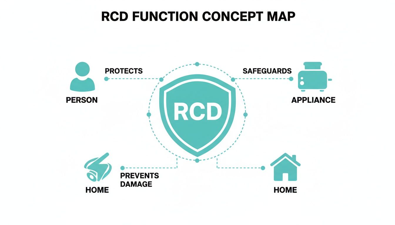A concept map showing an RCD (Residual Current Device) protecting people, safeguarding appliances, and preventing home damage.