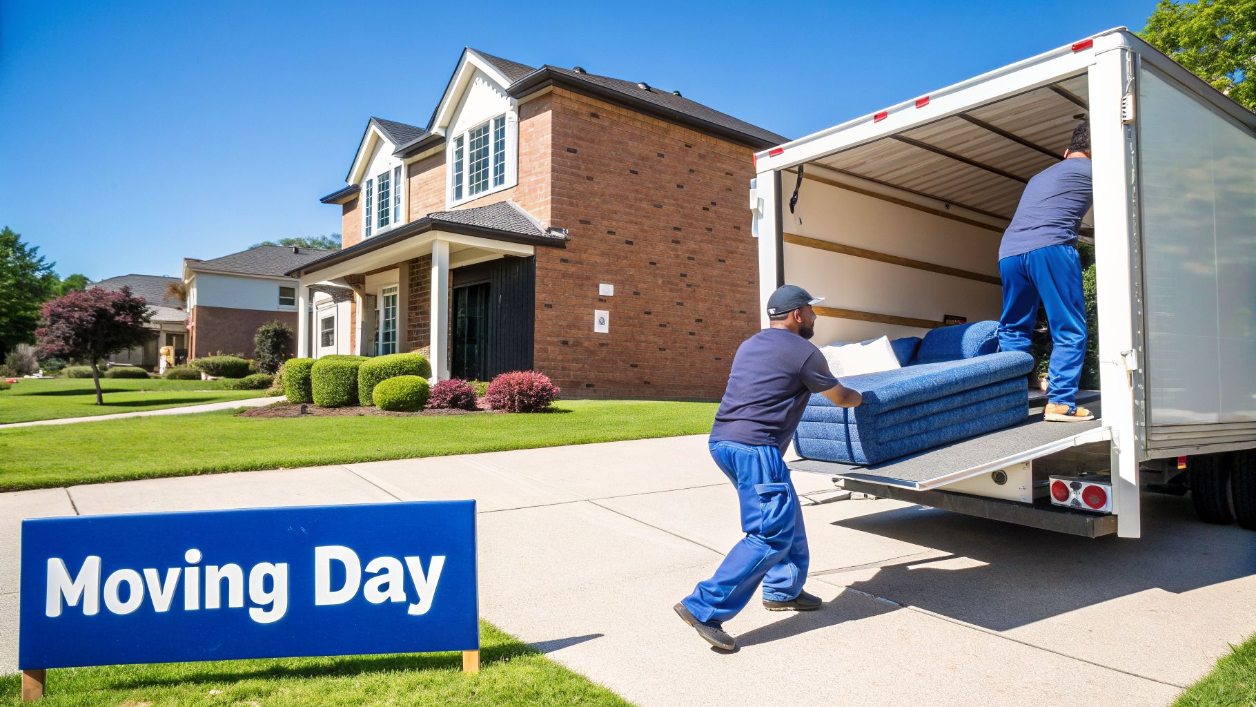 Two movers loading a blue sofa into a moving truck in front of a house on Moving Day.