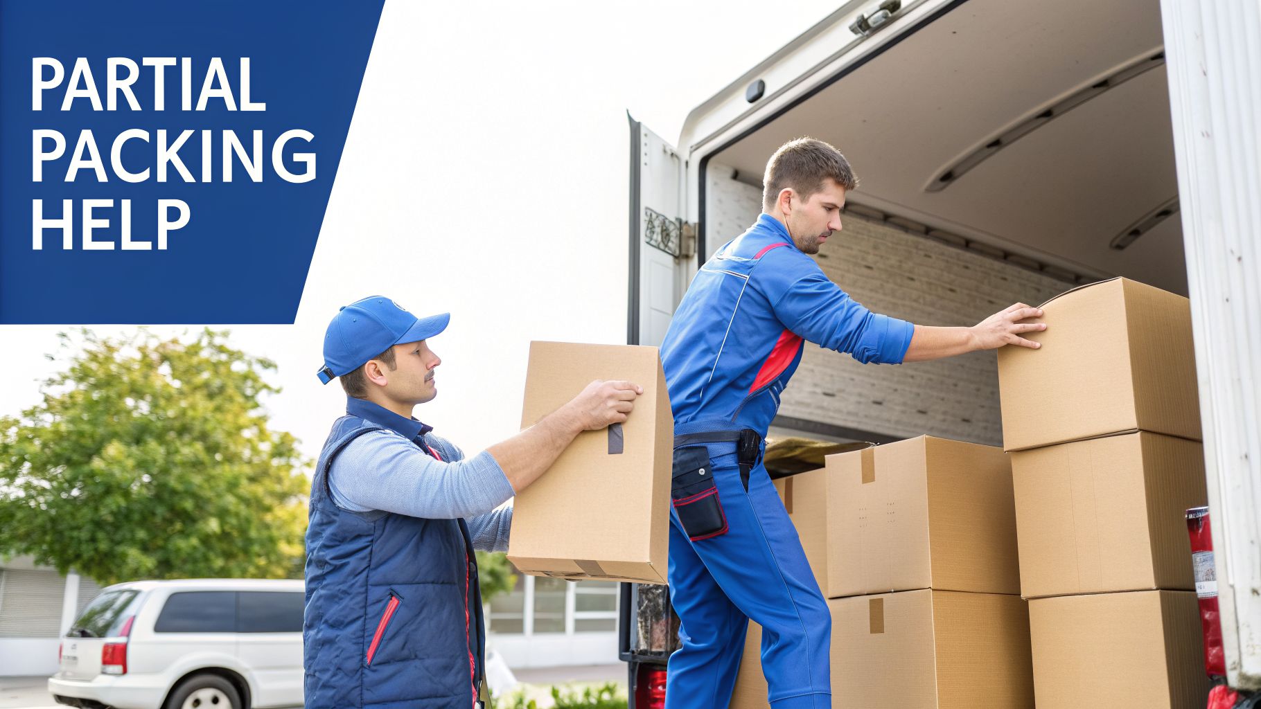 Two professional movers load cardboard boxes into a moving truck, providing partial packing help.
