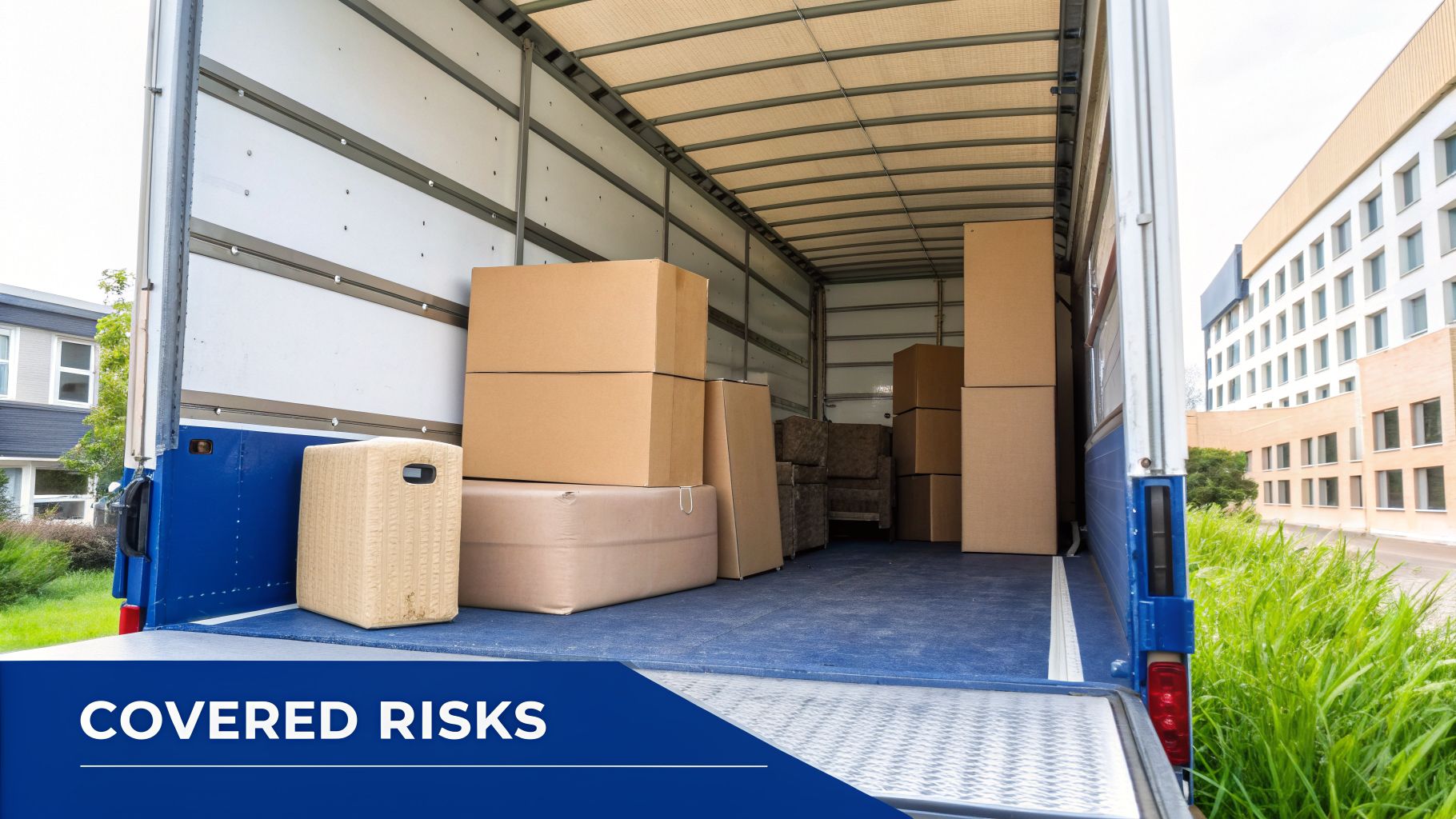 A moving truck with its tailgate down, loaded with cardboard boxes and furniture, ready for transport.