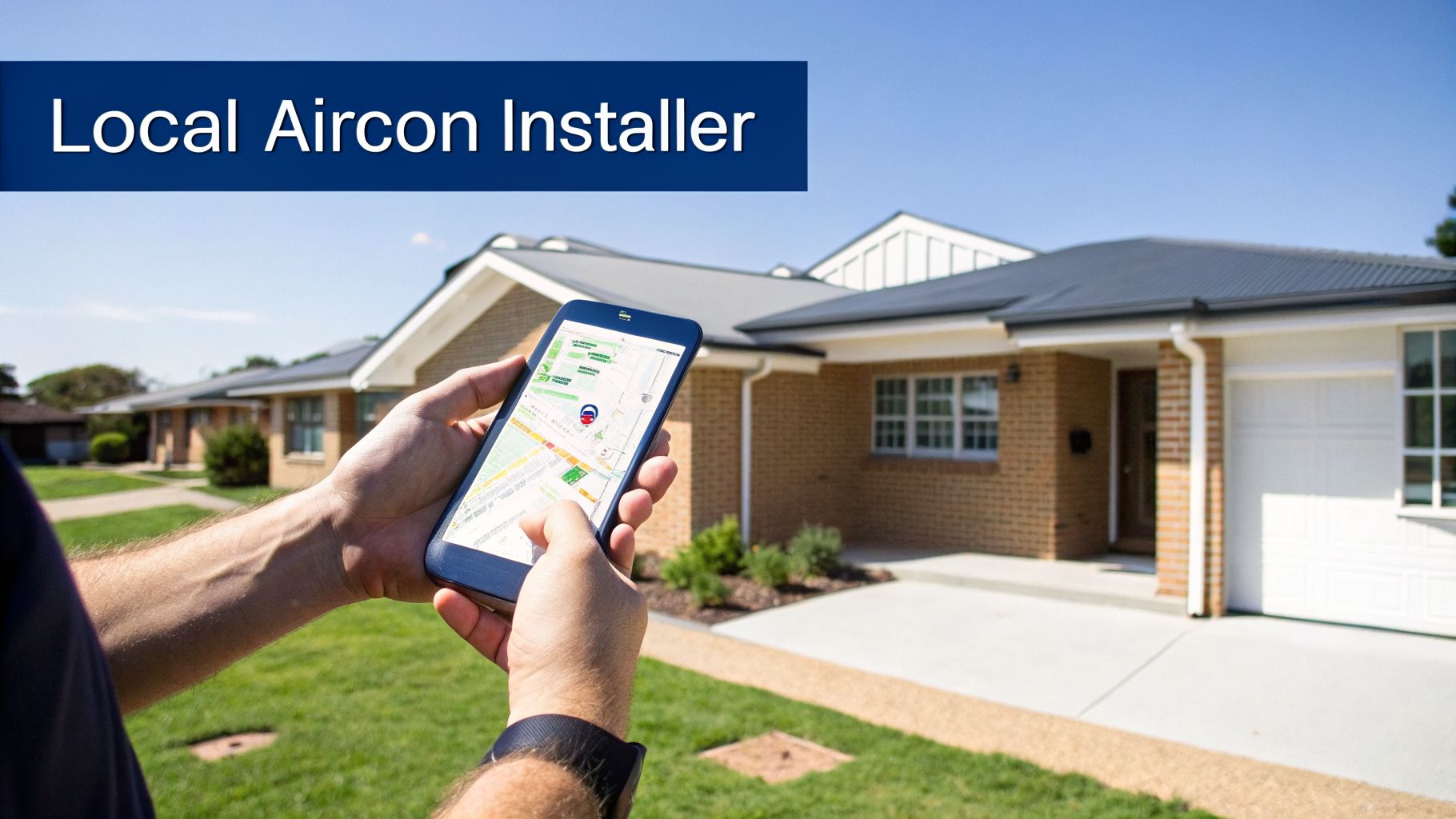 Person holding a smartphone displaying a map application, looking for a local aircon installer near a house.