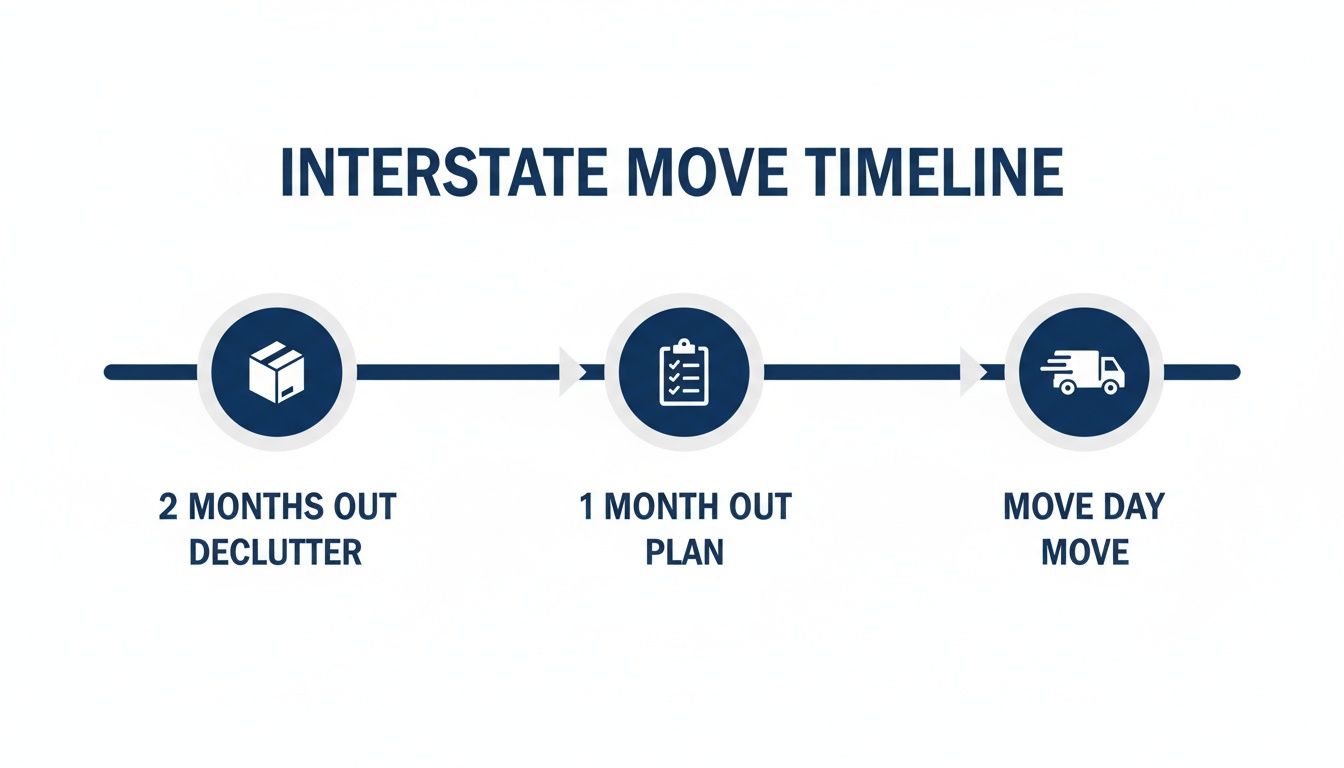 Interstate move timeline showing three steps: 2 months out (declutter), 1 month out (plan), and move day (execute).