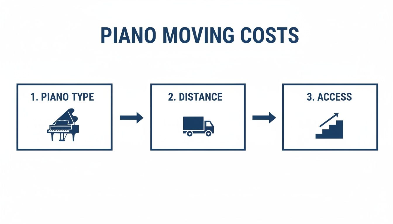 Diagram illustrating piano moving costs influenced by piano type, moving distance, and access challenges.