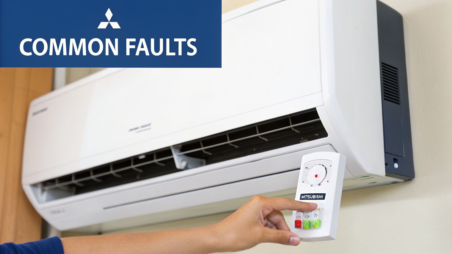 Hand holding a Mitsubishi air conditioner remote control, pointing at a wall-mounted AC unit.